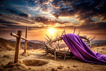 Calvary Passion Scene with Crown of Thorns, Spikes, Hammer, Purple Robe on Arid Ground with Lights