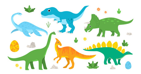 Set of dinosaurs. Dino, Tyrannosaurus and Triceratops. Lizards of prehistoric era. Imagination and fantasy. Ancient predators. Flat vector collection