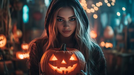 Halloween Night with Hooded Girl Holding Glowing Jack-O-Lantern