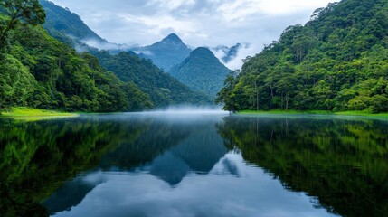 A tranquil lake surrounded by dense evergreen forests, with misty mountains in the background and the water perfectly mirroring the natural beauty