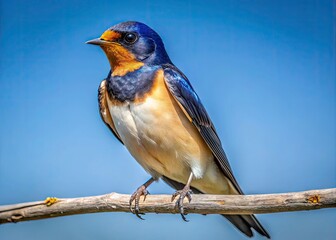 Captivating Barn Swallow Bird Perched Gracefully on a Branch Against a Clear Blue Sky Background