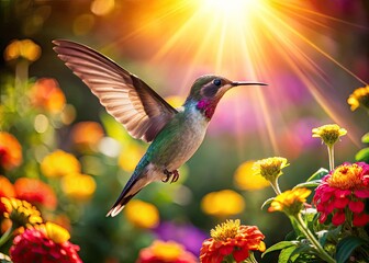 Fototapeta premium Captivating Hummingbird in Flight Near Vibrant Flowers in a Lush Garden Setting Under Bright Sunlight