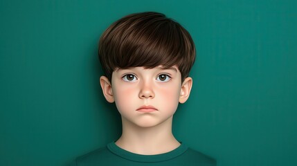 Fototapeta premium Sad Boy Portrait Child with Expressive Eyes Green Background