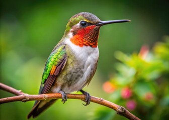 Captivating Ruby-Throated Hummingbird Juvenile Male Perched on a Branch in Natural Habitat