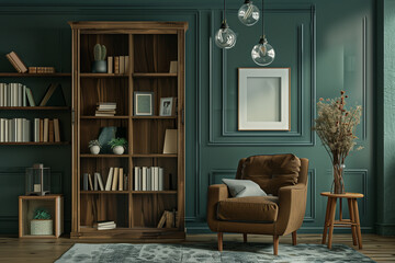 Stylish Retro Living Room with Brown Armchair, Wooden Bookcase, Pendant Lamp, and Elegant Home Decor