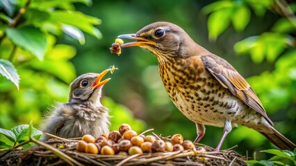 Fototapeta premium Caring Moments of a Baby Bird Being Fed by a Parent in a Natural Outdoor Environment