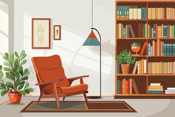 Stylish Retro Living Room with Brown Armchair, Wooden Bookcase, Pendant Lamp, and Elegant Home Decor