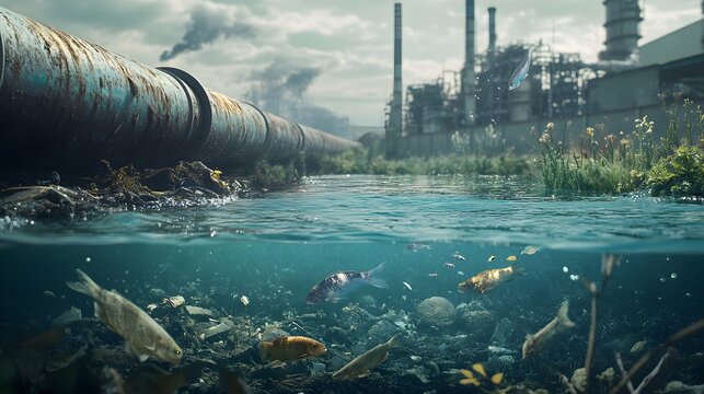 Waste pours from a factory pipeline into a river, while fish swim beneath the polluted water, symbolizing the harmful effects of water pollution on the ecosystem 