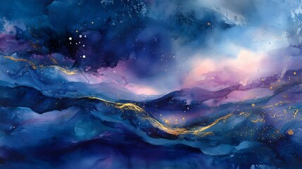 Naklejka premium An abstract depiction of a cosmic landscape in watercolor, featuring deep blues and purples with hints of pink and gold, suitable for a calming space