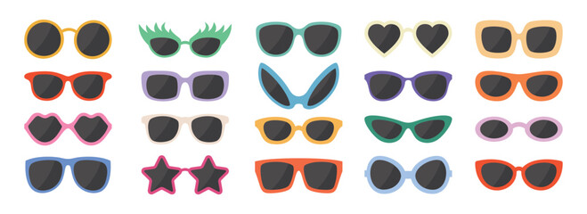 Vector Flat Frame Glasses Icon Set. Sunglasses, Vintage Eyeglasses, Lenses. Optics and Eyewear Design Template. Vector Illustration. Flat Vector Design for Eyewear and Optics