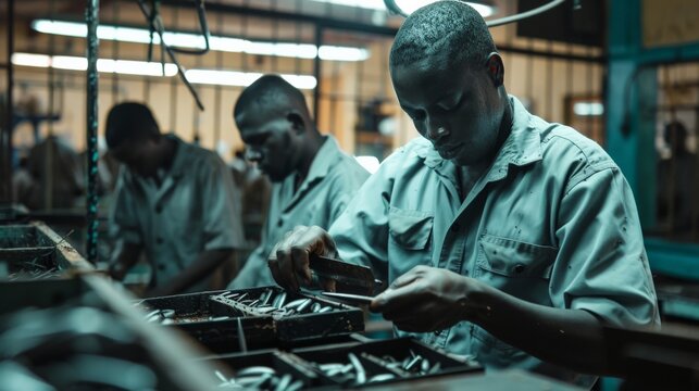 Inmates working in a prison workshop, engaging in vocational training to prepare for life after release