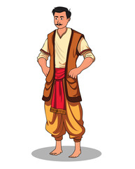 A man with mustache and wearing dhuti, cartoon character design