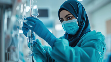 Dedicated Hijab Nurse Checking IV Drip. Medical and Job Profession Portrait Concept.