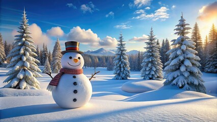 Fototapeta premium Cheerful snowman standing in a winter landscape surrounded by snow-covered trees and blue sky