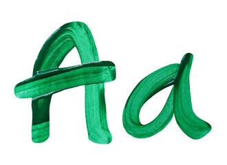 Artistic representation of the letters A and a painted in vibrant green with transparent image of...