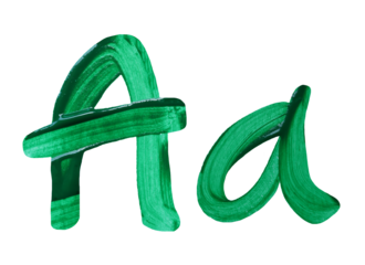 Artistic representation of the letters A and a painted in vibrant green with transparent image of PNG format extension.