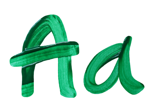 Artistic representation of the letters A and a painted in vibrant green with transparent image of PNG format extension.