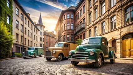 Classic Vintage Delivery Trucks Parked in a Quaint Urban Setting Surrounded by Historic Buildings