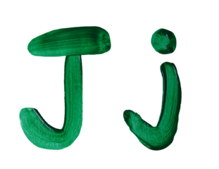 Artistic representation of the letters J and j painted in vibrant green with transparent image of PNG format extension.