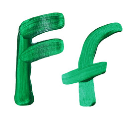 Artistic representation of the letters F and f painted in vibrant green with transparent image of PNG format extension.
