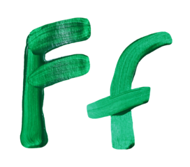 Artistic representation of the letters F and f painted in vibrant green with transparent image of PNG format extension.