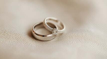 A pair of elegant wedding rings resting on a soft, light solid color background, highlighting their intricate details and craftsmanship