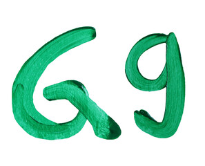 Artistic representation of the letters G and g painted in vibrant green with transparent image of...