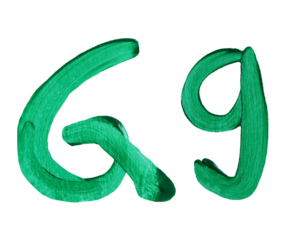 Artistic representation of the letters G and g painted in vibrant green with transparent image of PNG format extension.