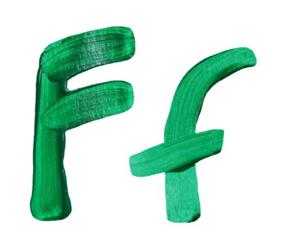 Artistic representation of the letters F and f painted in vibrant green with transparent image of PNG format extension.