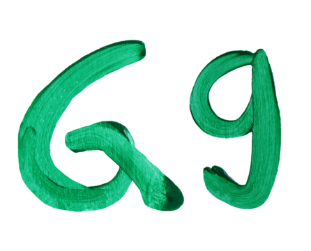 Artistic representation of the letters G and g painted in vibrant green with transparent image of PNG format extension. - Powered by Adobe