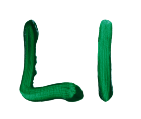 Artistic representation of the letters L and l painted in vibrant green with transparent image of PNG format extension.