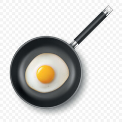 Vector 3d Realistic Fried Egg in the Black Frying Pan, Closeup Isolated, Top View. Design Template of Scrambled Eggs, Fried Egg, Omelette. Delicious Breakfast, Food, Culinary Concept