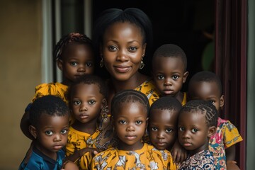 A mother with 6 children takes a family photo