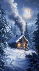 Fototapeta premium A cozy cabin surrounded by snow-laden trees, with smoke gently rising from the chimney, evoking a warm winter atmosphere