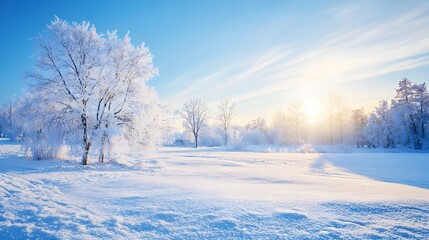 A serene winter landscape featuring a snow-covered field under a clear blue sky with soft sunlight illuminating the scene
