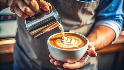 Close Up of Barista Pouring Frothy Milk into Espresso Coffee Cup Creating Latte Art for Serving