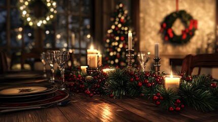 A beautifully decorated Christmas table setting with candles, greenery, and red ornaments.