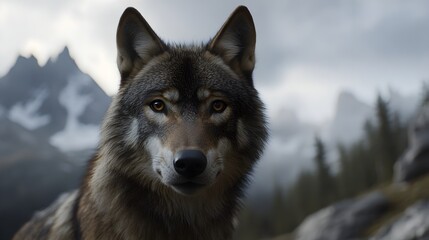 Obraz premium A close-up shot of a wolf's intense gaze, with the Rocky Mountains softly blurred in the background, emphasizing the creature's wild beauty