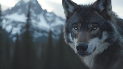 Obraz premium A close-up shot of a wolf's intense gaze, with the Rocky Mountains softly blurred in the background, emphasizing the creature's wild beauty