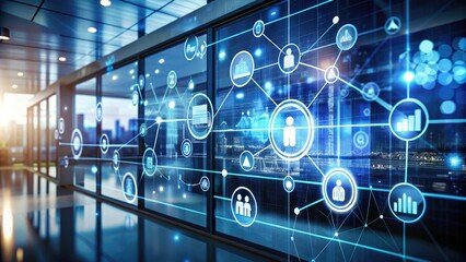 Closeup of Digital Screen with Virtual Connection Icons and Graph Interfaces Reflected on Glass Surface