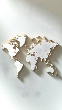 Fototapeta An intricate 3D world map rendered with shadows and highlights, positioned on a soft, light solid color backdrop