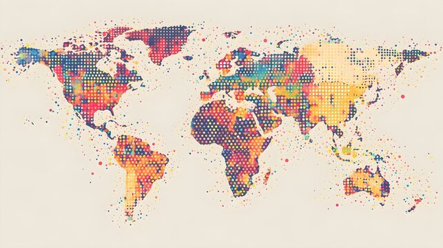 Fototapeta A detailed world map created with colorful dots representing different countries, set against a light solid color background