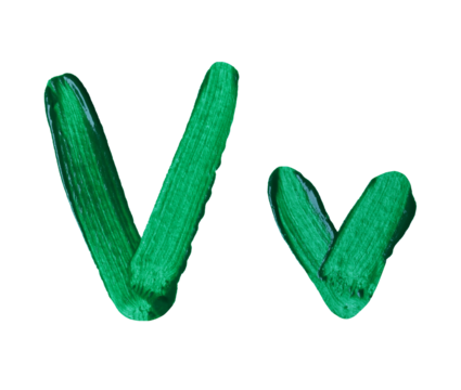 Artistic representation of the letters V and v painted in vibrant green with transparent image of PNG format extension.