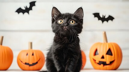 A black cat is sitting in front of a pumpkin and two other pumpkins