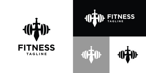 Vector design template of barbell logo combination with sword. Sport, fitness, competition. Icon symbol EPS 10