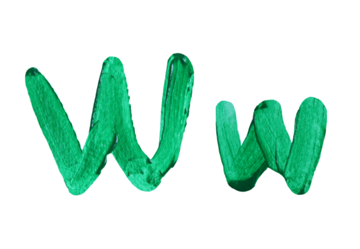 Artistic representation of the letters W and w painted in vibrant green with transparent image of PNG format extension.