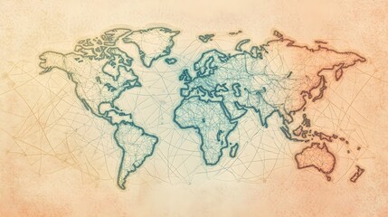 A detailed world map with intricate lines and borders, set against a soft, light solid color background, providing ample copy space for text