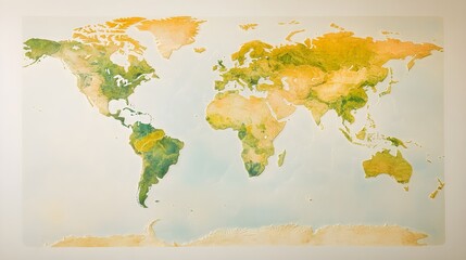 A realistic world map featuring clearly defined countries and oceans, displayed on a calming light background, ideal for educational use