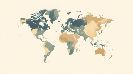 Simple world map with muted colors displayed on a light solid color background, emphasizing geographical outlines