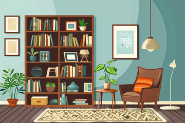 Stylish Retro Living Room with Brown Armchair, Wooden Bookcase, Pendant Lamp, and Elegant Home Decor